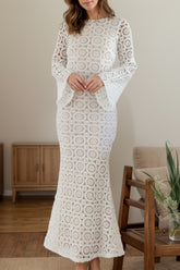 Lace Backless Round Neck Flare Sleeve Dress White OutfitFlow